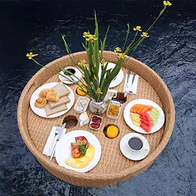 咚呱 Bandeja De Desayuno Flotante-Redonda, Flotadores De Piscina De RatáN, para Bancos De Arena, Bandeja De Desayuno Flotante De Bali Cesta De Mimbre De