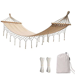 FXQIN Hamaca de Algodón, Acampar Hamaca Colgante Doble Jardin con Travesaños de Madera Borlas Hammock Carga 150 kg, Camas Colgantes para Jardin en oferta