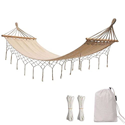 FXQIN Hamaca de Algodón, Acampar Hamaca Colgante Doble Jardin con Travesaños de Madera Borlas Hammock Carga 150 kg, Camas Colgantes para Jardin