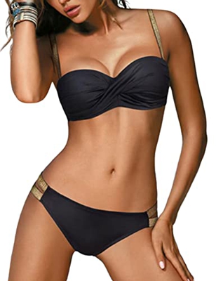 Voqeen Conjuntos de Bikini para Mujer Push Up Bañador Acolchado Sin Tirantes Bandeau Frente Torcido Traje de baño de Dos Piezas