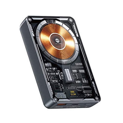 wiedao Paquete de batería magnética, Cargador portátil inalámbrico de 10000 mAh, 2 Salidas y Paquete de batería Externa Transparente USB-C, Pantalla L