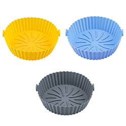 MISNODE Paquete de 3 cestas redondas de silicona para freidora de aire de 7 pulgadas, cuenco de silicona para freidora de aire, accesorios de horno de características