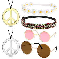 BETESSIN 6pcs Accesorios Disfraces de Fiesta Hippie Diademas Collar Signo Paz Gafas de Hippie Estilo Retro Años 60 para Fiesta Hippie Disfraces Carnav características