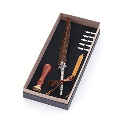 Personality Natural Feather Pen Vintage Dip Water Metals Fountain Pen Box Set Birthday Gift 5 Nib (Color : I) (B)