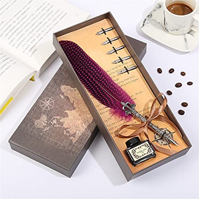 Feather Vintage Dip water Fountain Pen Signing Pen Birthday Christmas Present Writing Supplies (Color : F) (B)