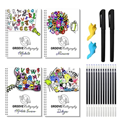Groove Calligraphy Cuadernos Reutilizables.4 Libros A4 con Ranuras Premium.Alfabeto,Cursiva,Números,Dibujos+2 Bolígrafos Mágicos+10 Recambios con Tint