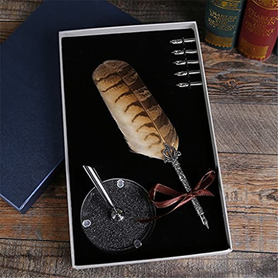 Feather Quill Metal Nib Dip Pen Writing Ink Set Box Stationery Antique Fountain Pen (Color : F) (A)