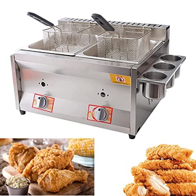 ZYLEDW 10L+10L Freidora de Gas Doble Profunda con Cesta y Tapa, Freidora de Patatas Fritas de Pollo de Acero Inoxidable, para Restaurantes Caseros, Pa
