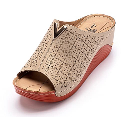 SMajong Zuecos Cuero para Mujer Sandalias de Cuña con Punta Abierta Zapatos de Plataforma Verano Beige A 37 EU (Tamaño de la etiqueta 38)