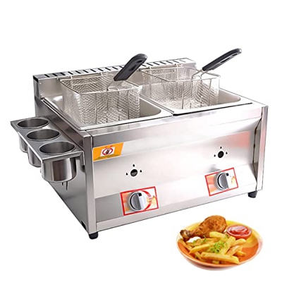 Freidora De Gas con Cesta Y Tapa De 10L * 2, Propano De Encimera De Acero Inoxidable con Tubería De Metal para Cocina Casera Comercial