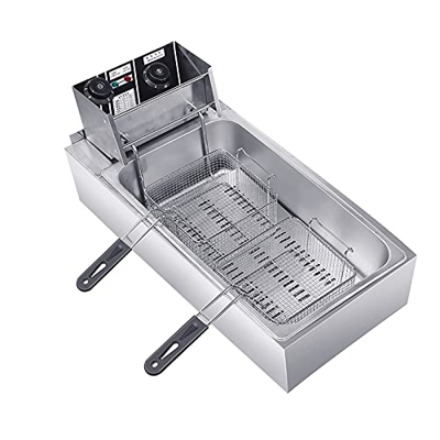 Freidora Comercial, Freidora Eléctrica De Acero Inoxidable con Cesta Y Tapa, Función De Temporizador, para Uso Comercial Y Doméstico (22.5L)