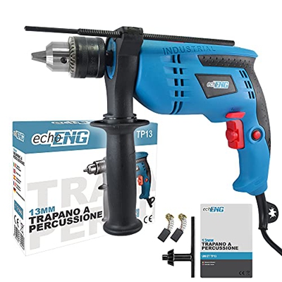 Taladro de percusión 710 W echoENG - Velocidad ajustable 0-3000 RPM - Función de martillo percutor, empuñadura, medidor de profundidad - UM ET TP13