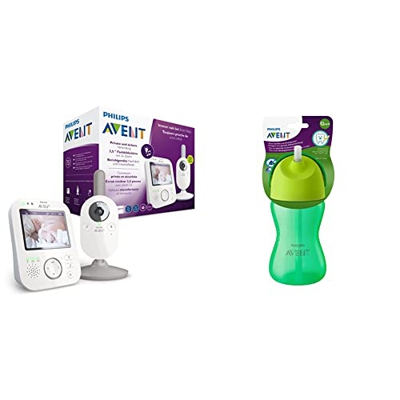 Philips Avent DECT - Vigilabebés con vídeo Digital, luz Nocturna y temperatur (Modelo SCD843/26)+Vasos con Pajita(Modelo SCF798/01)