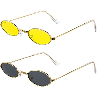 2 Gafas de Sol Vintage Ovalada Pequeña (Amarillo con Oro, Gris con Oro)