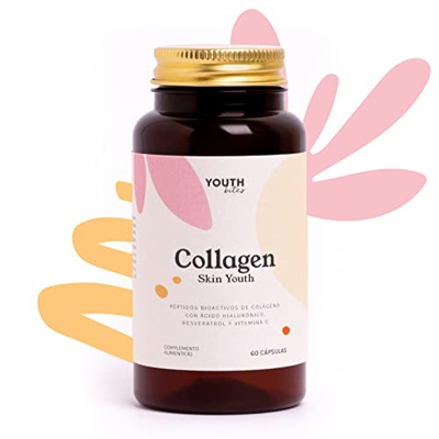Suplemento anti-edad para la piel a base de péptidos de colágeno hidrolizado patentado Verisol, ácido hialurónico, resveratrol y vitamina C. Previene