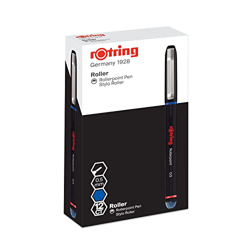 rOtring Bolígrafo Rollerball | Punta de aguja (0,5 mm) Punta de rodillo para escritura precisa | Tinta azul | 12 unidades características