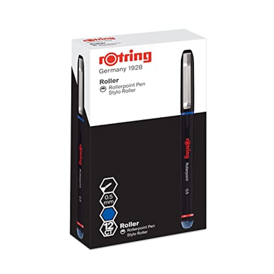 rOtring Bolígrafo Rollerball | Punta de aguja (0,5 mm) Punta de rodillo para escritura precisa | Tinta azul | 12 unidades