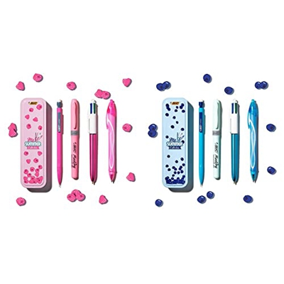 BIC Summer Pink Box: Boli de Gel de Punta Media, Portaminas + Summer Blue Box: bolígrafo de gel, portaminas, bolígrafo de 4 colores