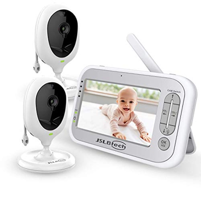 JSLBtech Vigilabebés Inalambrico con 2 Cámaras con Pantalla de 5" Visión Nocturna Comunicación Bidireccional Monitoreo de Temperatura Despertador VOX 