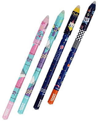 Boligrafos Borrable, Juego de Boligrafos con Dibujos Animados Lindos, Boligrafos de Tinta Gel Azul de 0,5mm, para niños, estudiantes y adultos Pack 4 