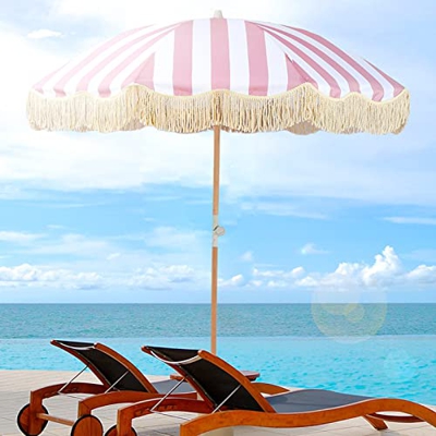 2m Sombrilla De Jardín con Flecos, Sombrilla De Playa Redonda, Sombrilla Grande De Rayas Rosas Y Blancas, Poste De Sombrilla De Madera, Mecanismo De I