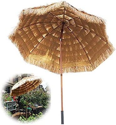 UNDER 2m(6.5ft) Garden Parasol with Tilt, Round Straw Parasol, Hawaiian Outdoor Parasol, Natural Color, Beach Parasol UV Protection, For Bar, Patio, D