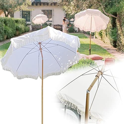 SKTWOE Paraguas De 2 M con Sombrilla De Borla Blanca Sombrillas De Playa Boho Blancas Inclinadas para Picnic/Camping/Tiro De Boda-Tela De Poliéster Gr