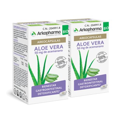 Arkopharma Arkocápsulas Aloe Vera BIO Pack x2 60 Cápsulas, Bienestar Gastrointestinal y Digestivo, Detoxificante, Favorece la Digestión, Complemento A
