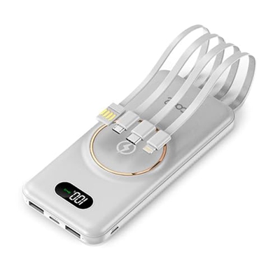 Batería Externa Universal Power Bank 10.000 mAh + Qi Carga Inalámbrica (4 Conexiones) Blanco