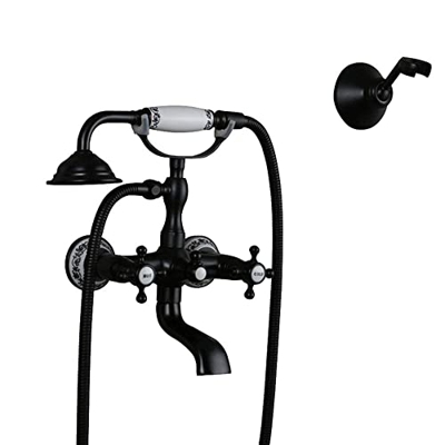 FMOPQ Grifo Mezclador de baño Victoriano Retro con Accesorio de Ducha Ducha de bañera Negra Grifo de Agua Caliente y fría Manija Cruzada Grifos mezcla