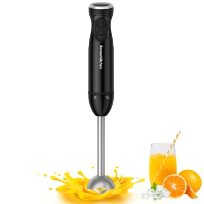 Bonsenkitchen Batidora de mano, acero inoxidable de 1000 W, velocidades infinitamente variables, varilla mezcladora para alimentos para bebés, sopa, b