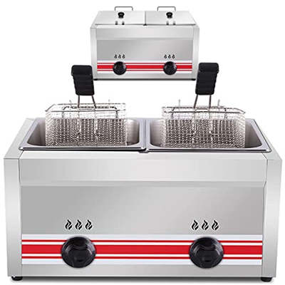 FETION Freidora de Gas de Gran Capacidad con canastas y Tapa extraíbles, 2 0l/30l, Control de Temperatura Independiente, Potencia de Fuego Ajustable, 