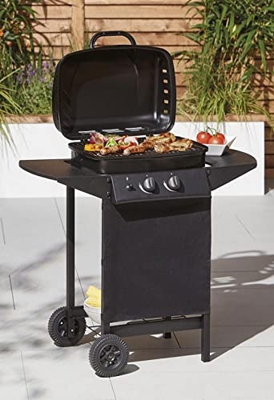 Tesco - Barbacoa de gas de 2 quemadores, color negro, para barbacoa, con estantes laterales de almacenamiento, encendido piezoeléctrico, 45 x 34 cm, á