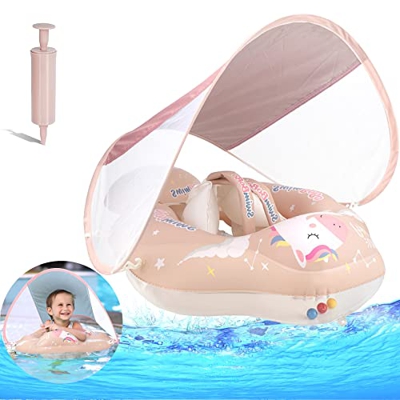 Flotador Bebé con Parasol Extraíble, Woukksy Ajustable Anillo de Natación Inflable con Protector de Cintura Flotador Bebés Piscina Compatible de Bebé