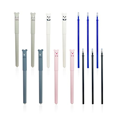 8 bolígrafos borrables, bonitos bolígrafos de gel de dibujos animados, color negro y azul para estudiantes, niños, adultos y papelería de oficina