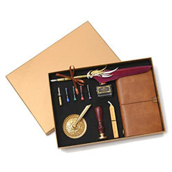 Retro Vintage Calligraphy Feather Fountain Pen Writing Ink Leather Notebook Set Stationery Gift Box (Color : A, Size : One Size) (C One Size) precio