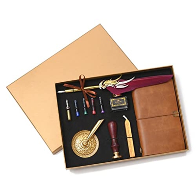 Retro Vintage Calligraphy Feather Fountain Pen Writing Ink Leather Notebook Set Stationery Gift Box (Color : A, Size : One Size) (C One Size)