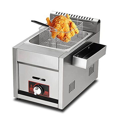 Freidora de Gas Comercial Freidora Profesional de GLP con cestas extraíbles y Canal para condimentos Potencia de Fuego Ajustable Acero Inoxidable para