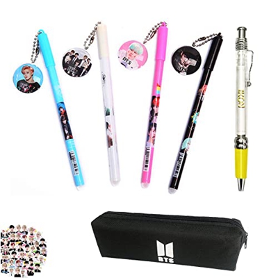 HJYZY 46 unids BTS Bangtan Boys Bolígrafo de gel redondo de tinta negra de gran capacidad estuche de almacenamiento bolsa BTS pegatinas para fanáticos