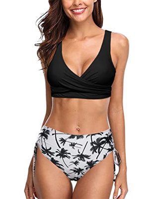 heekpek Bikinis Mujer Push Up Bikinis Cintura Alta Conjunto Bikini Mujer Cruz hacia Atrás Cordones Top de Bikini con Shorts de Baño Plisado Cordón Lat