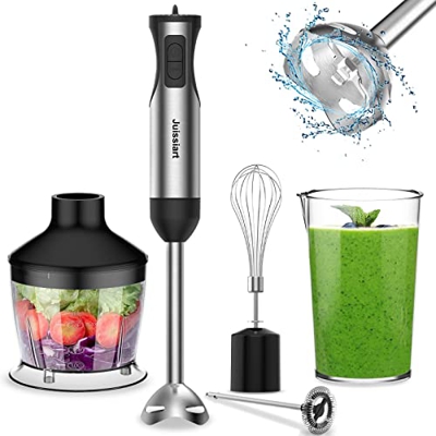 Juissiart Batidora de Mano 800W, Minipimer Multifuncional de Acero Inoxidable con Picadora, Vaso Medidor, Espumador de Leche y Batidor, 20 Velocidades