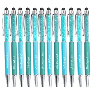 Bolígrafo metálico personalizable 2 en 1, Bolígrafo con tu texto personalizado con cristales integrados (6/6, Azul Caribe/Turquesa)