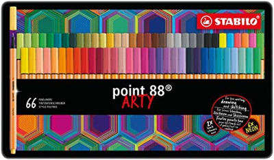 Rotulador punta fina STABILO point 88 ARTY - Estuche de metal con 66 unidades (65 colores)