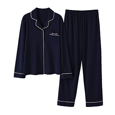 Pijama Mujer Sexy, Conjunto De Pijamas De Algodón Elegante Patrón De Rayas Creativas Pantalones De Rebeca Azul Marino Ropa De Dormir Lisa Transpirable