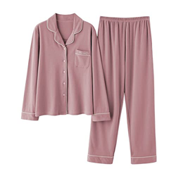 Pijama Mujer Sexy, Elegante Conjunto De Pijamas De Algodón Patrón De Rayas Creativas Pantalones De Rebeca De Color Rosa Oscuro Ropa De Dormir Suave Y  en oferta