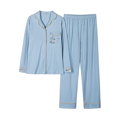 Pijama Mujer Verano, Elegante Conjunto De Pijamas De Algodón Bordado De Flores Creativas Pantalones De Rebeca Azul Ropa De Dormir Suave Y Transpirable