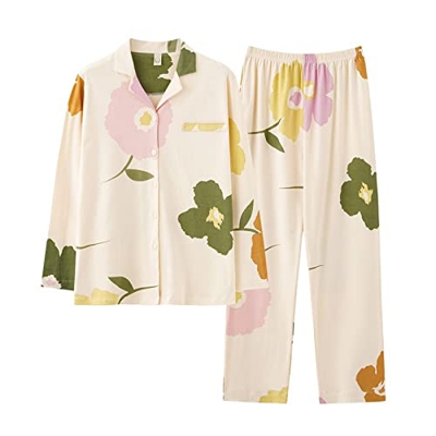 Pijama Mujer, Conjunto De Pijamas De Algodón Suave Novedad Patrón De Flores Simples Pantalones De Rebeca Ropa De Dormir Transpirable Conjuntos De Ropa