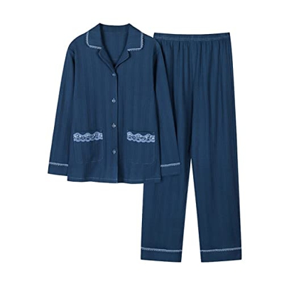 Pijama Mujer, Elegante Conjunto De Pijamas De Algodón Raya Creativa Azul Marino Chaqueta De Punto Pantalones Ropa De Dormir Suave Y Transpirable Conju