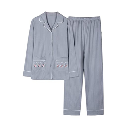 Pijama Mujer, Elegante Conjunto De Pijamas De Algodón Bordado De Flores Creativos Pantalones De Rebeca Gris Ropa De Dormir Suave Y Transpirable Conjun