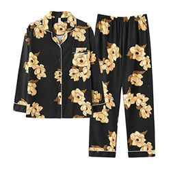 Pijama Mujer Verano, Conjunto De Pijamas De Algodón Suave Novedad Patrón De Flores De Magnolia Pantalones De Rebeca Negros Ropa De Dormir Transpirable características